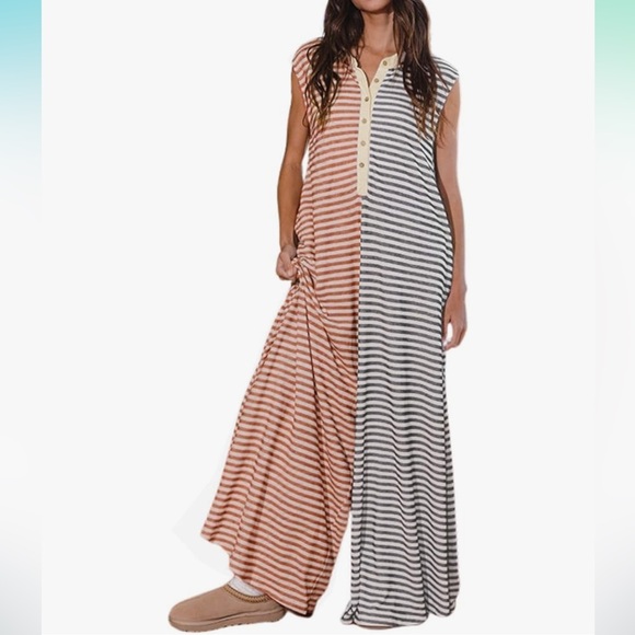 Striped Sleeveless Tank Jumpsuits Color Block Wide Leg Romper - Picture 1 of 4